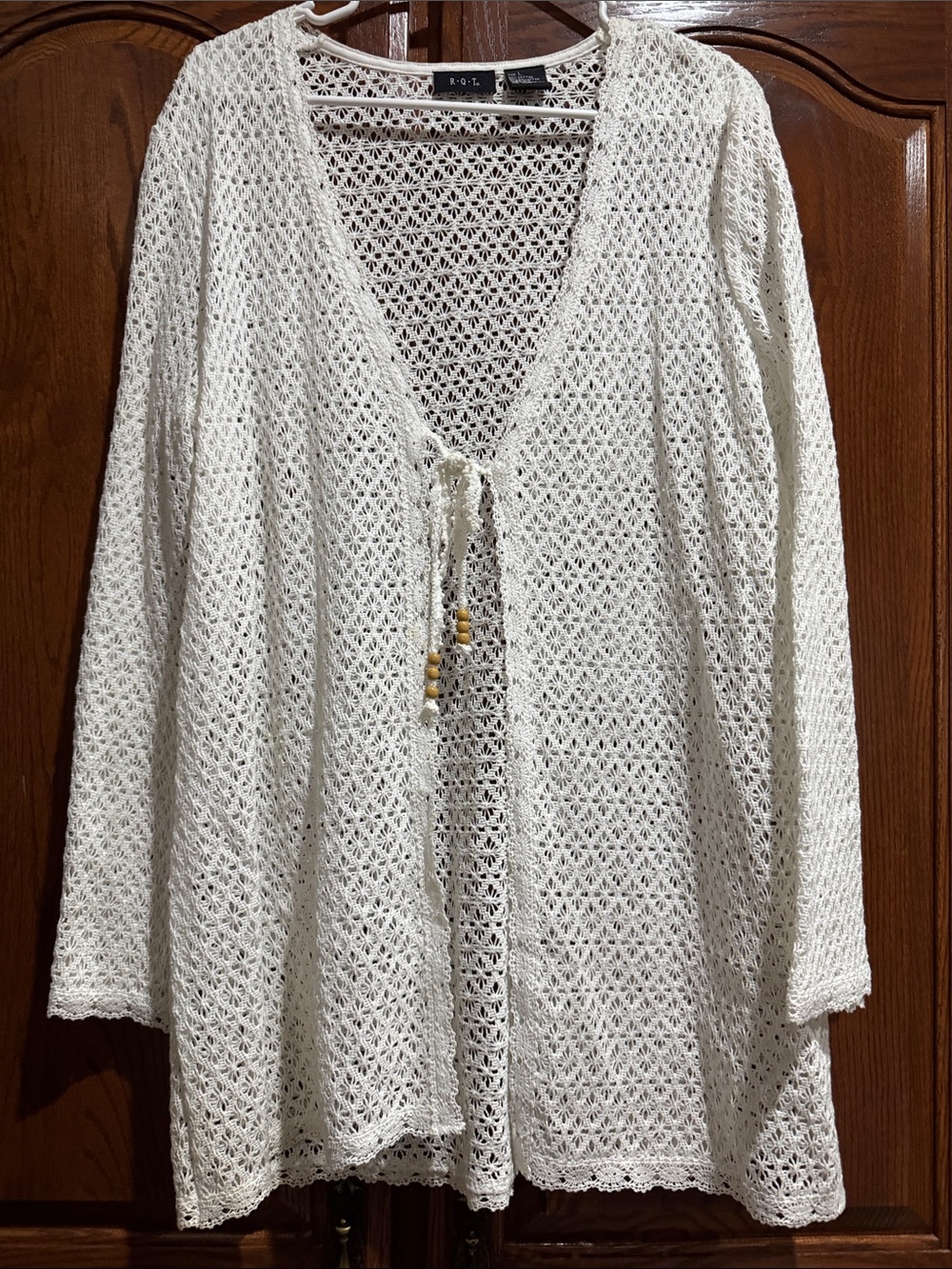 R.O.C.S. Women's Cream Crochet Tie-Front Long Sleeve Top